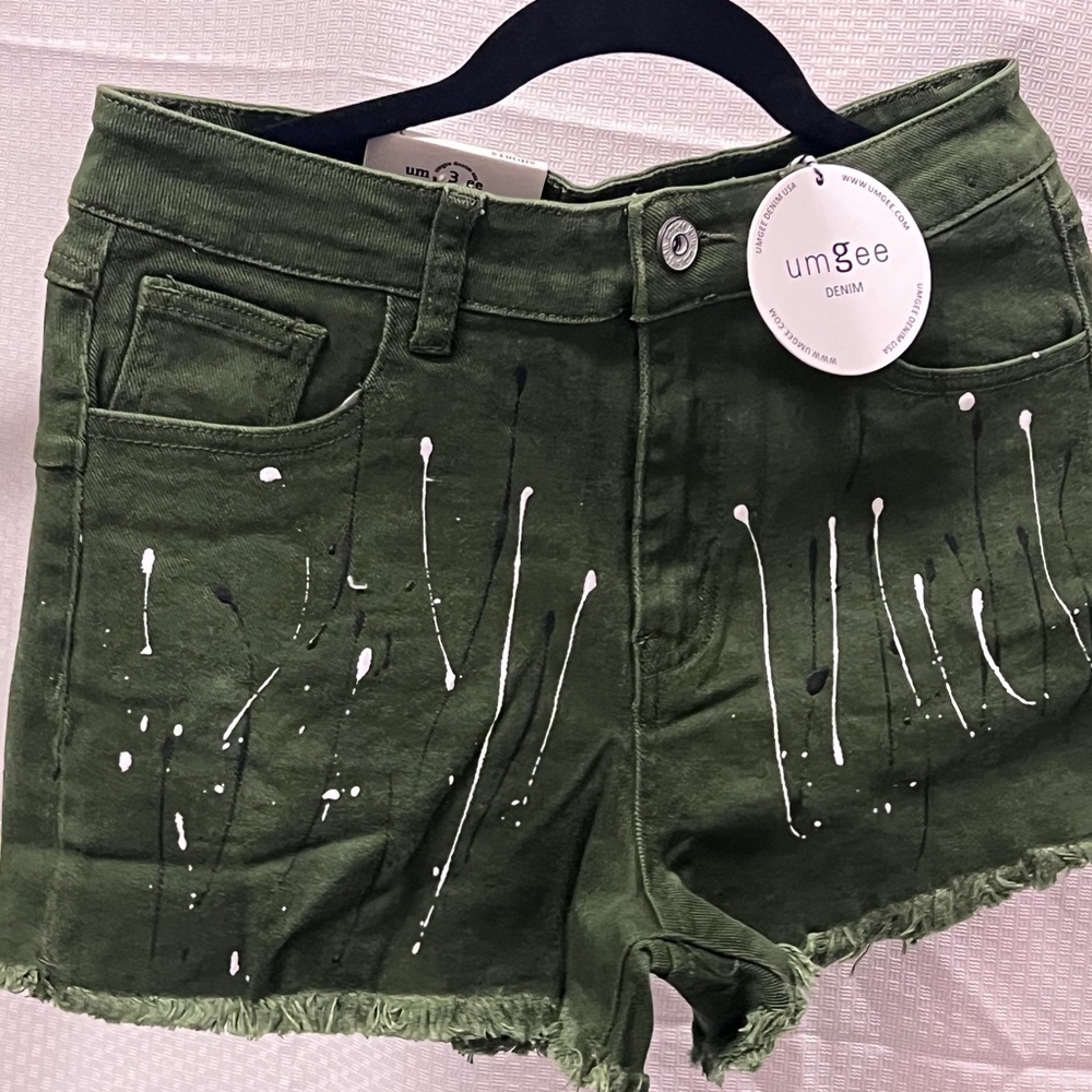 Umgee Olive Green Splatter Jean Shorts